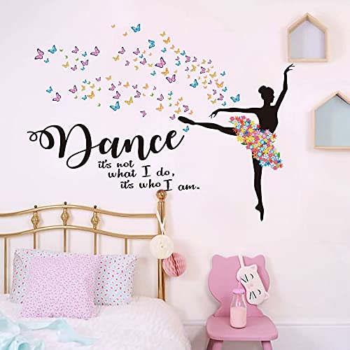 Runtoo Calcomanías de arte de pared de bailarina de ballet con citas inspiradoras de flores y mariposas, calcomanías de pared para dormitorio de niñas, decoración de pared