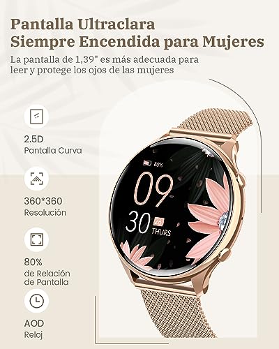 RUXINGX Reloj Inteligente Mujer con Llamada 5.3, Smartwatch Mujer Seguimiento del Periodo, 120+ Modos Deportes, Pulsómetro, SpO2, Monitor Sueño, Podómetro para Android iOS Oro, Regalo Mujer