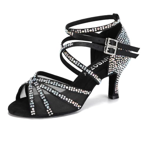 RUYBOZRY Zapatos de Baile Latino para Mujer con Diamantes de Imitación para Salón de Baile Salsa Bachata Zapatos de Baile,YCL508-Black-S-7.5,EU 38