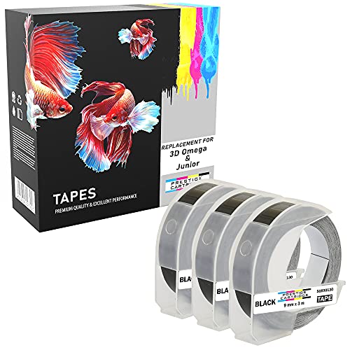 S0847730 bianco sobre negro 9mm x 3m Pack de 3 Cintas de estampación autoadhesivas compatibles para impresoras de etiquetas Dymo 3D Omega y Junior