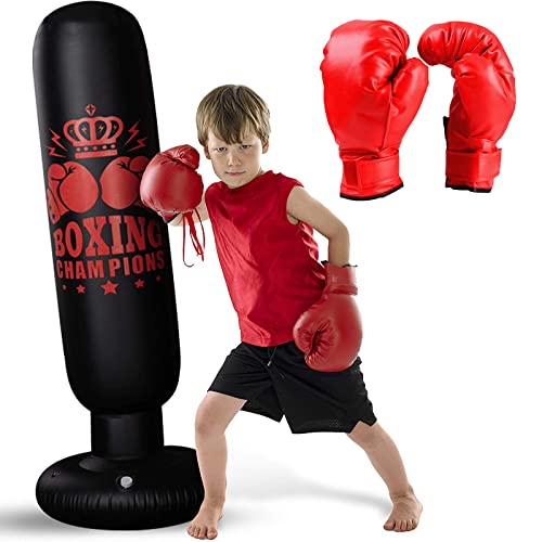Saco de boxeo para niños, 160 cm de pie, saco de boxeo inflable con guantes de boxeo, bolsa de boxeo para practicar karate Taekwondo