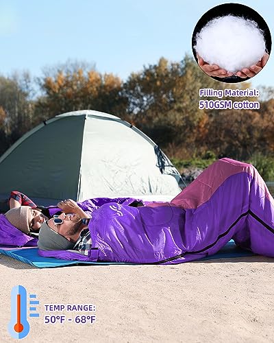 Saco de Dormir para Acampar, Sportneer Bolsa de Dormir con Bolsa de Compresión para Viajes Camping Senderismo Resistente al Agua Ligero y Cálido, Morado + Rosa