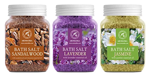 Sales de Baño Set 3x400 g con Aceite 100% Natural Lavender - Sándalo - Jazmín - Mejor para Buen Sueño - Alivio del Estrés - Baño - Cuidado Corporal - Bienestar - Belleza - Relajación - Spa
