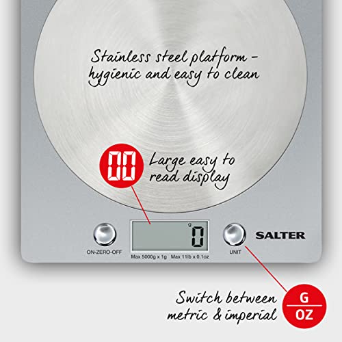 Salter 1036 SVSSDR Bascula de cocina digital fácil limpieza, balanza para cocina con diseño fino plataforma de discos de acero inoxidable, Plateado
