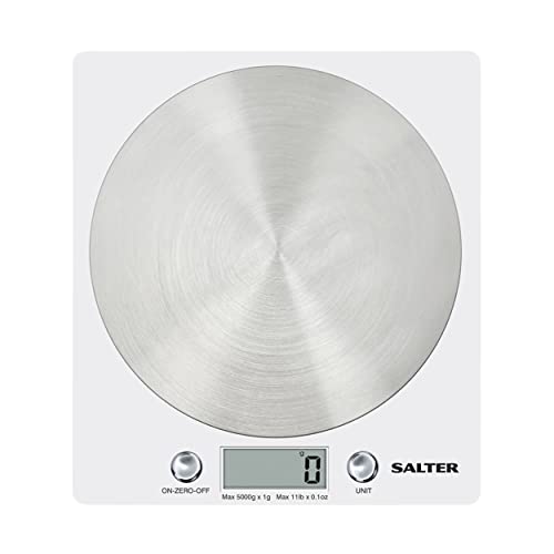 Salter 1036 WHSSDR Bascula de cocina digital, fácil limpieza, balanza para cocina con diseño fino plataforma de discos de acero inoxidable, Blanca