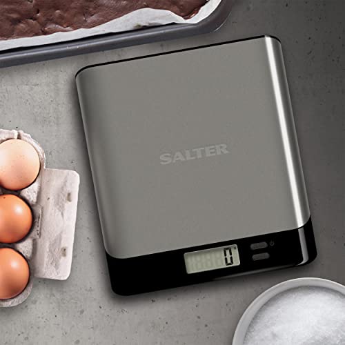 Salter 1052A SSBKDR bascula de cocina digital, precision, Pesaje electrónico de alimentos, aparato con báscula de cocina de diseño fino, pantalla LCD, compacto, recargable, Acero inoxidable