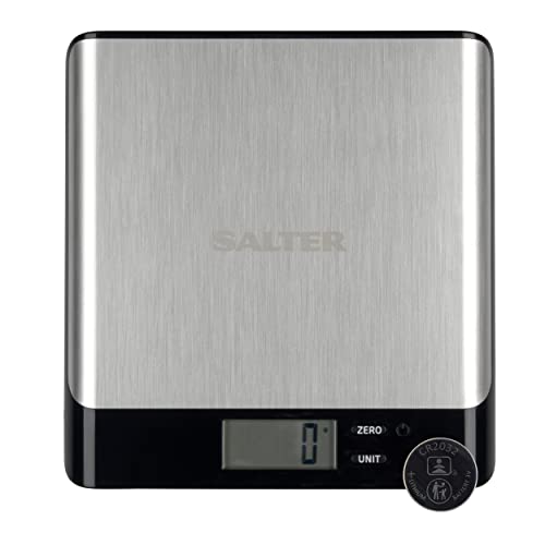 Salter 1052A SSBKDR bascula de cocina digital, precision, Pesaje electrónico de alimentos, aparato con báscula de cocina de diseño fino, pantalla LCD, compacto, recargable, Acero inoxidable