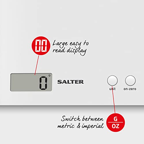 Salter 1066 WHDR15 Báscula De Cocina Digital, Pantalla LCD, Diseño Fino, Función ‘Añadir Y Pesar’, Fácil De Limpiar, Medir Alimentos Para Hornear Y Cocinar, Capacidad De 3 kg, Plástico, Blanco