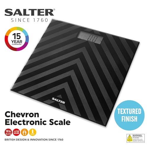 Salter SA00287 BAFEU16 Electronic Scale, Bathroom Scales, Chevron Two-Tone Textured Finish, 180 kg Max Capacity, Tempered Glass, Easy Read LCD Display, Step On, Instant Weighing, Carpet Feet, Black