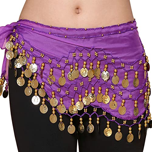 SamHeng Bufanda de cadera de danza del vientre con pulseras, gasa de danza del vientre Bufanda de baile Cadena de cinturón con monedas de oro para disfraz de rendimiento