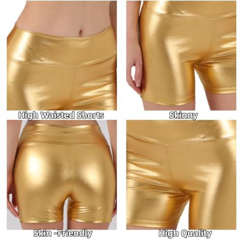SamHeng Cortos metálicos brillantes para mujer pantalones de cuero PU pantalones cortos de cintura alta aspecto húmedo baile Rave pantalones calientes ropa de calle para fiesta y discoteca(Oro/M)