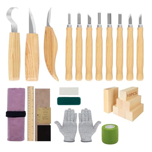 SAMISO Juego de herramientas para tallar madera,30PCS Herramientas De Talla De Madera con guantes resistentes a cortes,cuchillos de tallado en madera,Para Principiantes Y Profesionales Escultores