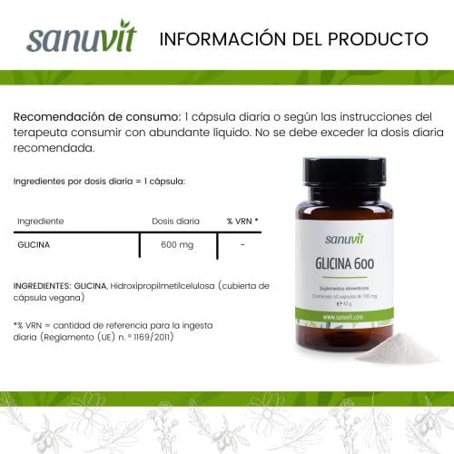 Sanuvit® - Glicina 600 mg | Alta biodisponibilidad y tolerancia | Vegano | 60 cápsulas