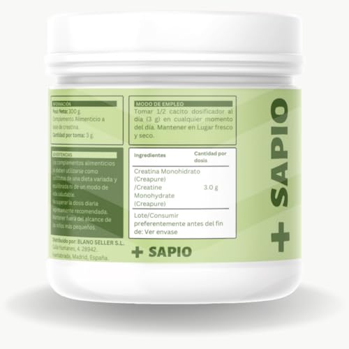 + SAPIO Creatina Monohidratada Creapure - Maximiza Rendimiento y Construye Masa Muscular con Nutrición de Calidad | 300g | Micronizada, en polvo, sin sabores artificiales