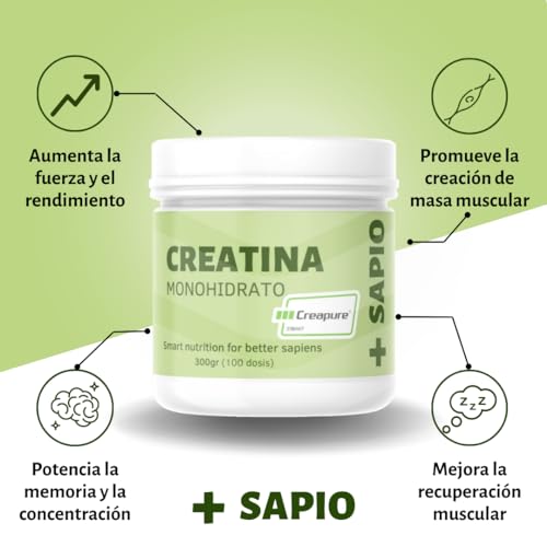 + SAPIO Creatina Monohidratada Creapure - Maximiza Rendimiento y Construye Masa Muscular con Nutrición de Calidad | 300g | Micronizada, en polvo, sin sabores artificiales