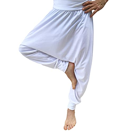 SAVARI | Pantalones Harem Sin Bolsillos | Étnico | Comodos | Pantalón Ideal para Yoga, Pilates y Danza | Unisex | Tiro Bajo y Cintura Ancha | Lisos | Tallas Grandes Disponibles | Blanco | Talla XXL