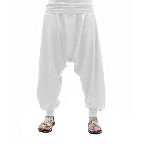 SAVARI | Pantalones Harem Sin Bolsillos | Étnico | Comodos | Pantalón Ideal para Yoga, Pilates y Danza | Unisex | Tiro Bajo y Cintura Ancha | Lisos | Tallas Grandes Disponibles | Blanco | Talla XXL