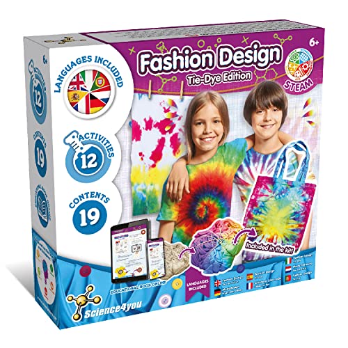 Science4you Fashion Design - Actividades Tie Dye Kit para Niños, Tinte para Ropa y Bolsa Tie Dye de Pintura lavable, Manualidades para Niños 6+ años, Juegos, Juguetes DIY, Regalo para Niño y Niña