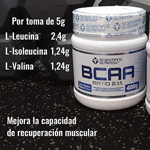 Scientiffic Nutrition - BCAA, Aminoácidos Esenciales Ramificados en Polvo en Proporción 2:1:1, Mejora la Recuperación Muscular y el Aumento de Masa Muscular - Sin Sabor, 400g.
