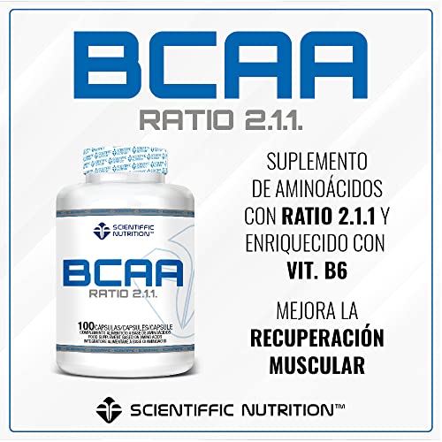 Scientiffic Nutrition - BCAA, Aminoácidos Esenciales Ramificados en Polvo en Proporción 2:1:1, Mejora la Recuperación Muscular y el Aumento de Masa Muscular - 100 Cápsulas.