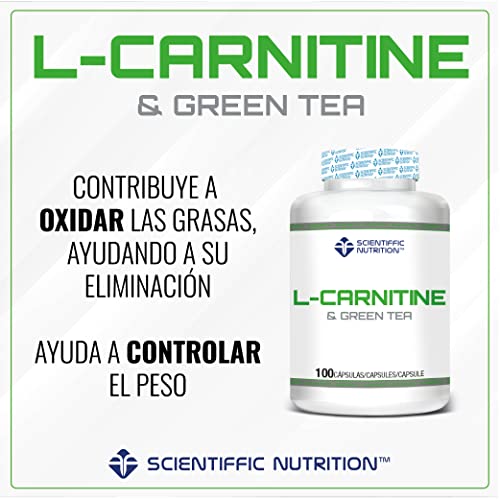 Scientiffic Nutrition - L-Carnitine & Green Tea, L-Carnitina + Té Verde, Actúa como Quemagrasas Eliminándola, Ayuda a su Oxidación Convirtiéndolas en Energía y a Adelgazar - 100 Cápsulas.