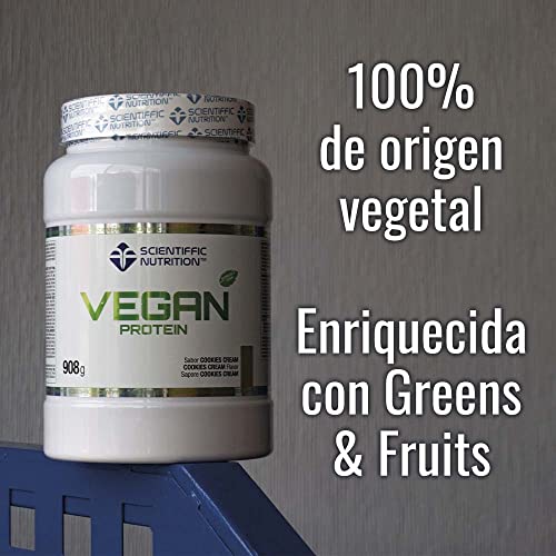 Scientiffic Nutrition - Vegan Protein, Proteína Vegana 100% Vegetal, Con Greens & Fruits, Sin Azúcares, Aumentar Masa Muscular, Apto para veganos y Vegetarianos - 908g, Sabor Cookies.