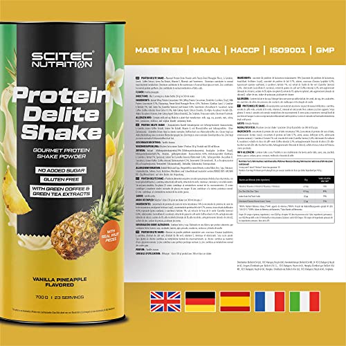 Scitec Nutrition Protein Delite Shake Producto alimenticio en polvo con trozos piña liofilizados, proteína, L-carnitina, extracto de café verde, 700 g, Vainilla-Piña