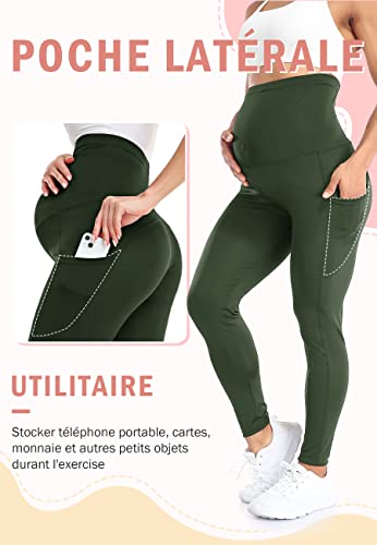 SEASUM Leggings Largos para Mujeres Embarazadas con Bolsillos en la Cintura para el Embarazo, la Maternidad y el Yoga, N7480-Verde S