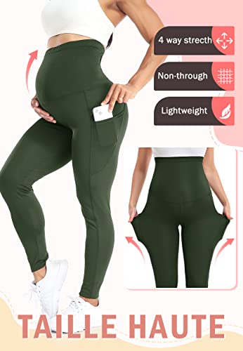 SEASUM Leggings Largos para Mujeres Embarazadas con Bolsillos en la Cintura para el Embarazo, la Maternidad y el Yoga, N7480-Verde S