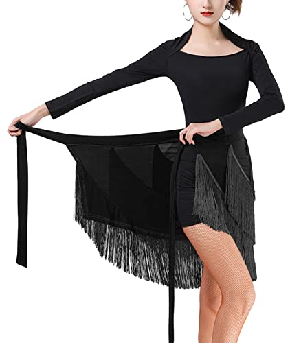 SEAUR Falda de baile latino con borlas para mujer, vestido de baile con flecos, Negro , Talla única
