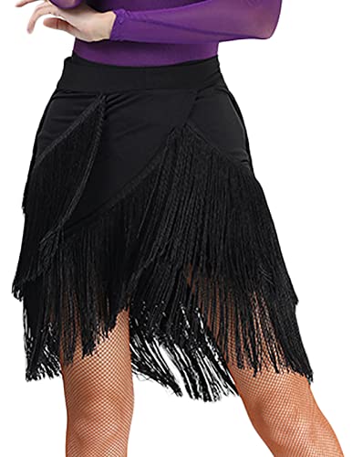 SEAUR Falda de baile latino con borlas para mujer, vestido de baile con flecos, Negro , Talla única