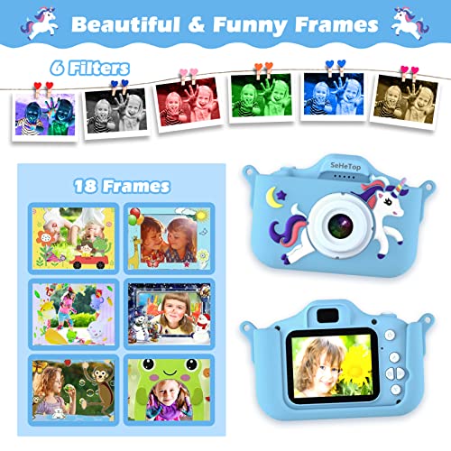 SeHeTop Camara Fotos Infantil, 1080P HD Video cámara Fotos niños,Juguetes niños 3 4 5 6 7 8 9 10 años,Juguetes con cámara para niños y niñas, Regalos de cumpleaños, scon Tarjeta SD de 32 GB (Azul)