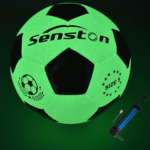 Senston Balón de fútbol Luminoso tamaño 5, balón de fútbol de Cuero Brillante, Regalo para Hombres, Mujeres, balón de fútbol Nocturno para Interiores y Exteriores, con Bomba