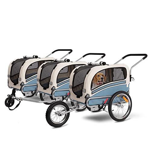 SEPNINE Remolque Bicicleta Perros Carro Cochecito para Transporte Mascota 2 En 1 Convertible En Carro para Correr con Barra Y Kit De Footing Azul