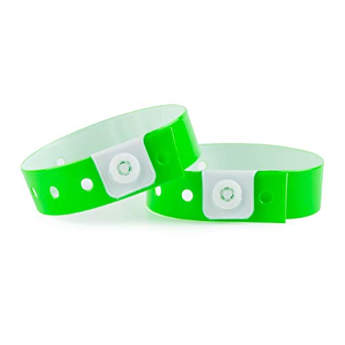 Set de 100 pulseras de plástico/vinilo para eventos, personalizables e impermeables (verde neón)