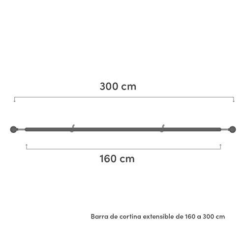 Set de barra de cortina extensible de 160 a 300 cm, 2 escuadras y 2 terminales negro de metal y plástico ABS