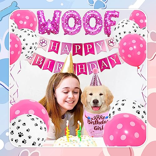 Set de Cumpleaños para Mascotas, Decoracion Cumpleaños para Perros, Bufanda Triangular Perro, Sombrero de Cono de Cumpleaños de Perro, Globos de cumpleaños, Fiesta de cumpleaños de Perros(Rosado)
