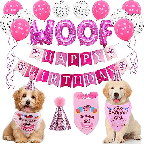 Set de Cumpleaños para Mascotas, Decoracion Cumpleaños para Perros, Bufanda Triangular Perro, Sombrero de Cono de Cumpleaños de Perro, Globos de cumpleaños, Fiesta de cumpleaños de Perros(Rosado)