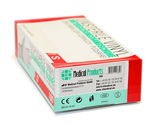 SF Medical Products GmbH Guantes de vinilo 100 pcs caja (S, Transparente), guantes de examen desechables, libres de látex y polvo, sanitarios para la limpieza de la cocina, no estéril