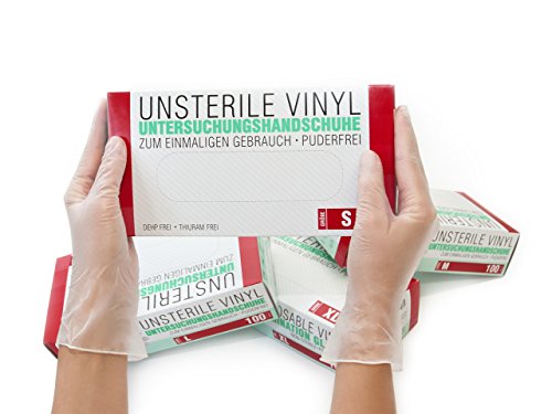 SF Medical Products GmbH Guantes de vinilo 100 pcs caja (S, Transparente), guantes de examen desechables, libres de látex y polvo, sanitarios para la limpieza de la cocina, no estéril