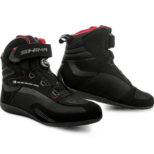 SHIMA EXO Vented, Zapatos de Motocicleta para Hombres | Zapatos de calle reforzados con sistema de cierre ATOP, Suela antideslizante, Mango de cambio de marchas (Negro, 43)