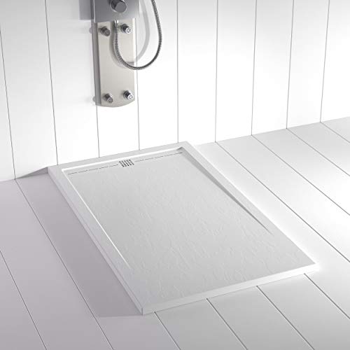 Shower Online Plato de ducha Resina FLOW - 70x80 - Textura Pizarra - Antideslizante - Todas las medidas disponibles - Incluye Rejilla Color Blanco y Sifón - Blanco RAL 9003