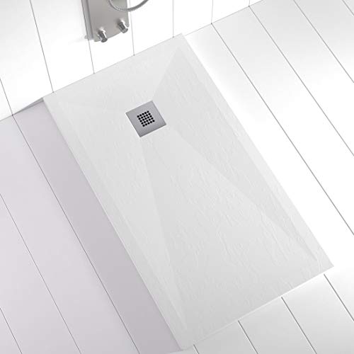 Shower Online Plato de ducha Resina PLES - 100x120 - Textura Pizarra - Antideslizante - Todas las medidas disponibles - Incluye Rejilla Color y Sifón - Blanco RAL 9003