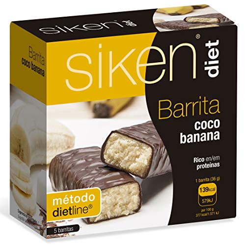 Siken Diet - Barrita Sabor Coco y Banana con Proteínas y Baja en Calorías para Controlar tu Peso - Estuche con 5 uds, 180 gr