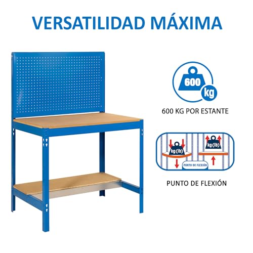 SimonRack Banco de Trabajo Taller, Capacidad Carga 600 kg, 1445x1210x610 mm, Mesa de Trabajo, 1 Cajón, Azul/Madera - BT2