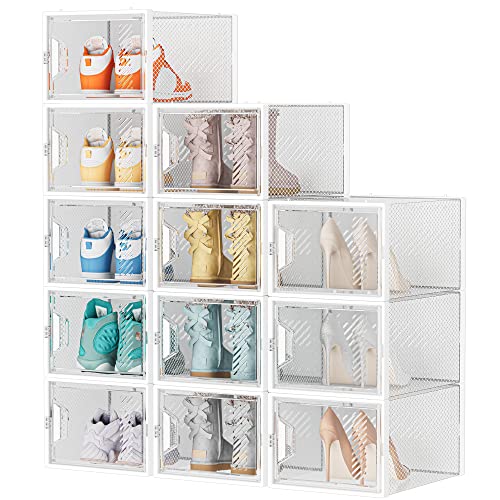 SIMPDIY Cajas de Zapatos apilables Transparentes, Paquete de 12 Cajas de Zapatos con Tapa, Almacenamiento para Zapatos de tacón Alto, para Botines, Zapatos de tacón Alto, hasta la Talla 46
