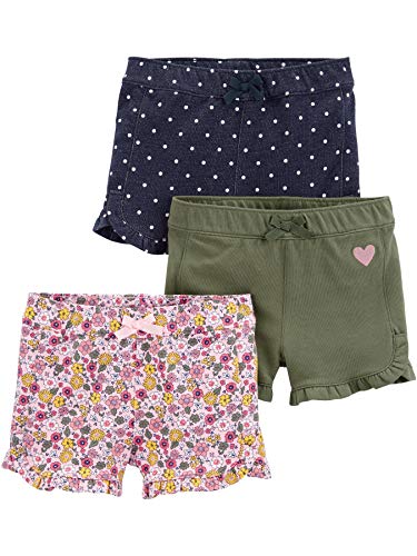 Simple Joys by Carter's 3-Pack Knit Shorts Pantalones Cortos, Rosa Floral/Tejano Lunares/Verde Oliva Corazones, 12 Meses (Pack de 3) para Bebés