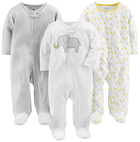 Simple Joys by Carter's 3-Pack Neutral Sleep and Play Infant Toddler-Bodysuits, Blanco Elefante/Gris Claro Mini Rayas/Jirafa, 0 Meses (Pack de 3) Unisex bebé
