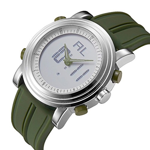 SINOBI para Hombre Reloj de Pulsera Deportivo Cuarzo electrónico Digital Reloj con Alarma Cronómetro Doble Movimiento Hombres de la muñeca Relojes s9368g (Silver Case&Green Band)