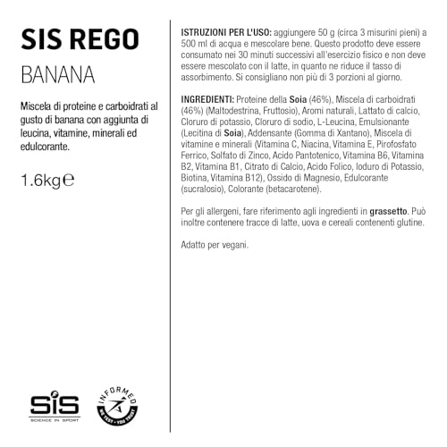 SiS Science In Sport REGO bebida de recuperación rápida, Proteína en polvo Post-Entrenamiento, Sabor Banana, 20 gr Proteína 32 Porciones, bote de 1.6kg